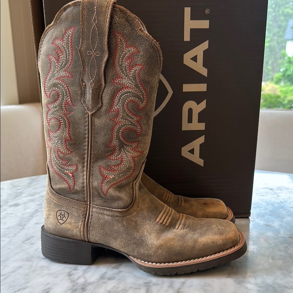 Ariat Distressed Tan Cowboy Boots with Red Embroidery